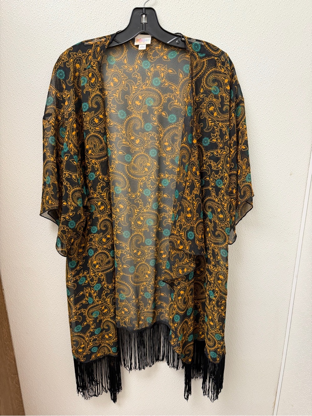 LuLaRoe Black Paisley Fringe Kimono with Teal and Gold Accents